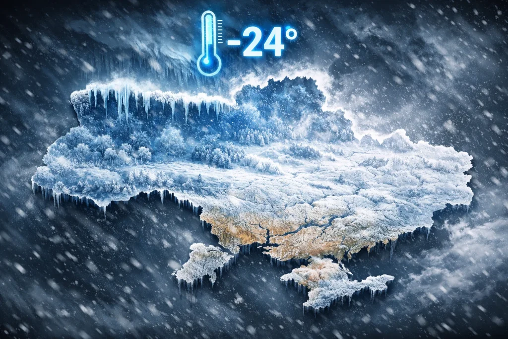 Нова хвиля морозів до -24°C в Україні: дати похолодання, ожеледь і ризики для Києва