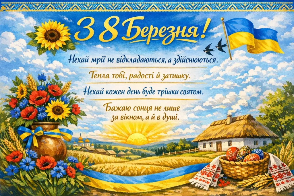 Гарні привітання, листівки та картинки з 8 березня 2026 українською 