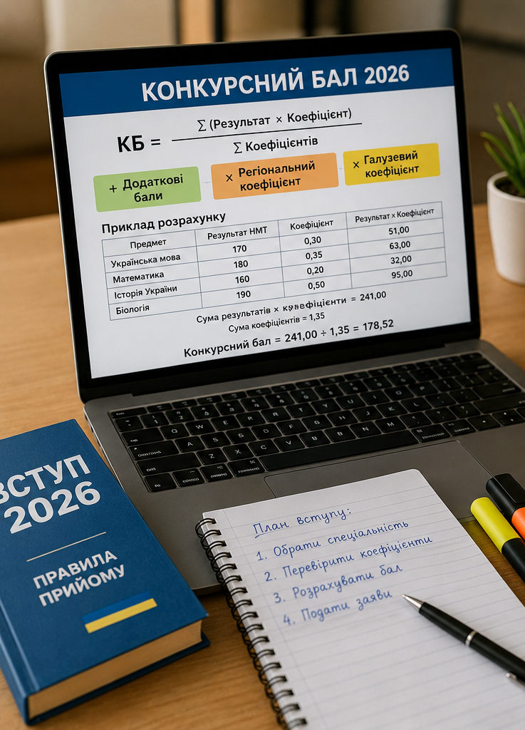 Конкурсний бал вступника 2026: як його розрахувати та що впливає на рейтинг