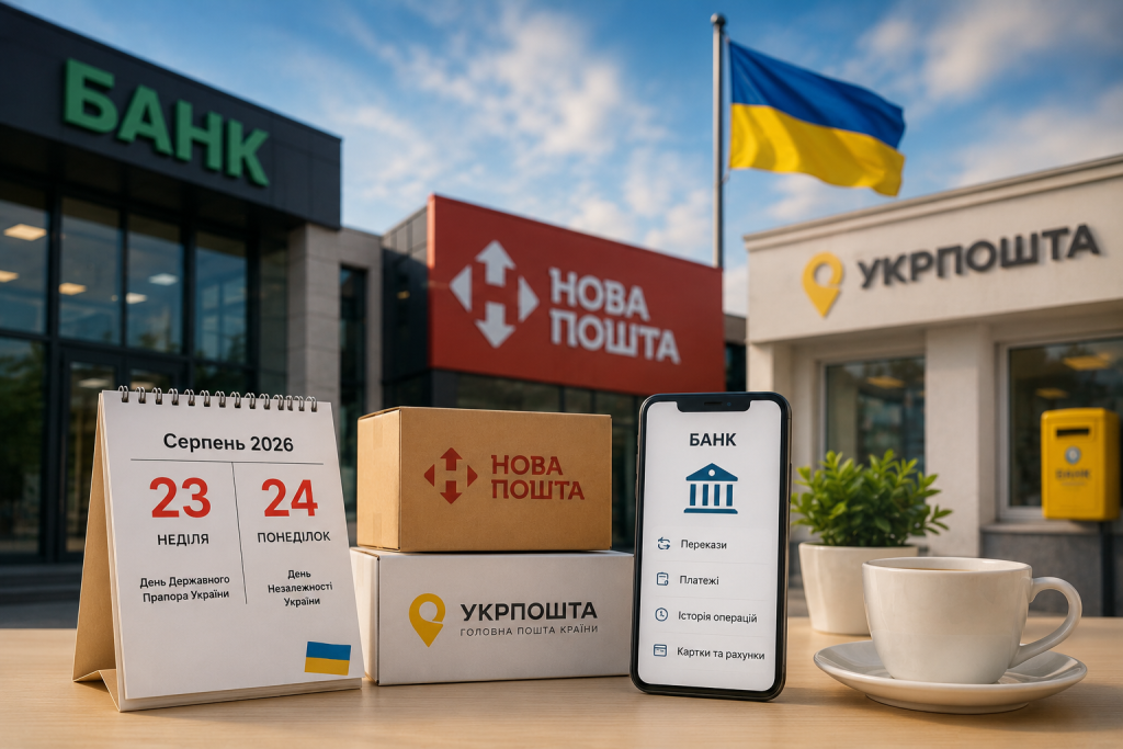Як працюватимуть банки, Нова пошта та Укрпошта 23–24 серпня 2026 року
